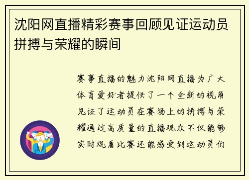 沈阳网直播精彩赛事回顾见证运动员拼搏与荣耀的瞬间