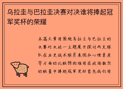 乌拉圭与巴拉圭决赛对决谁将捧起冠军奖杯的荣耀