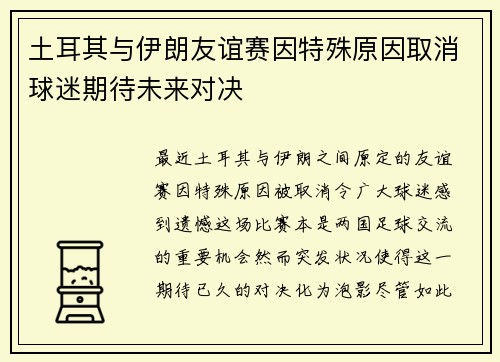 土耳其与伊朗友谊赛因特殊原因取消球迷期待未来对决